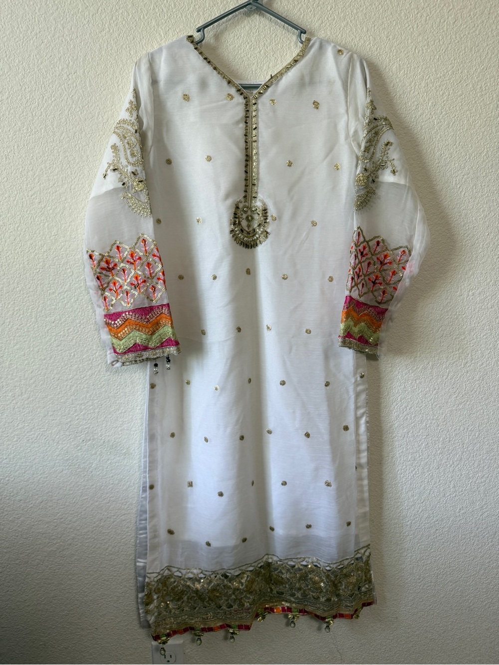 White Embroidered Dress with Pink & Gold Accent